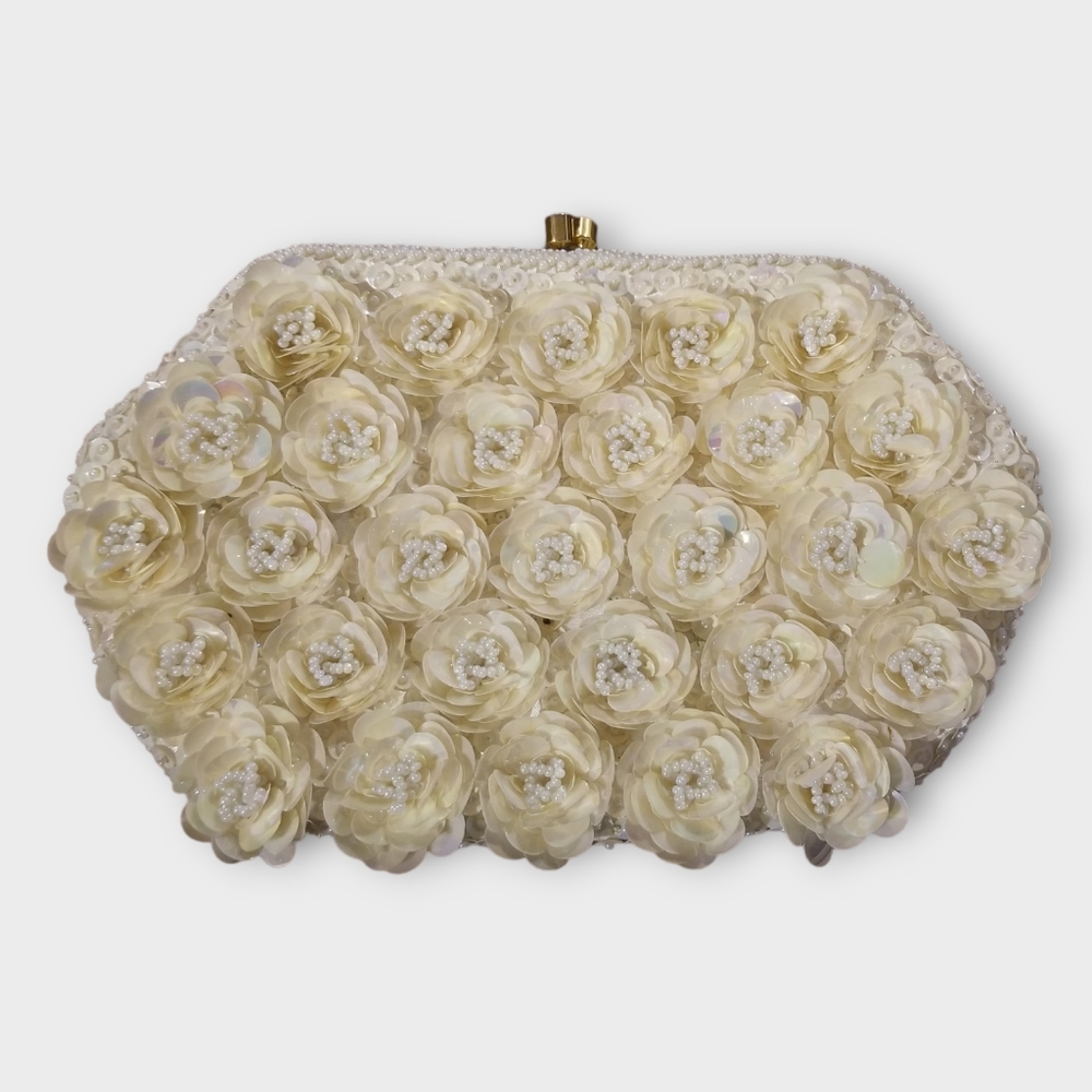 Vintage Ivory Sequined and Beaded Clutch Purse